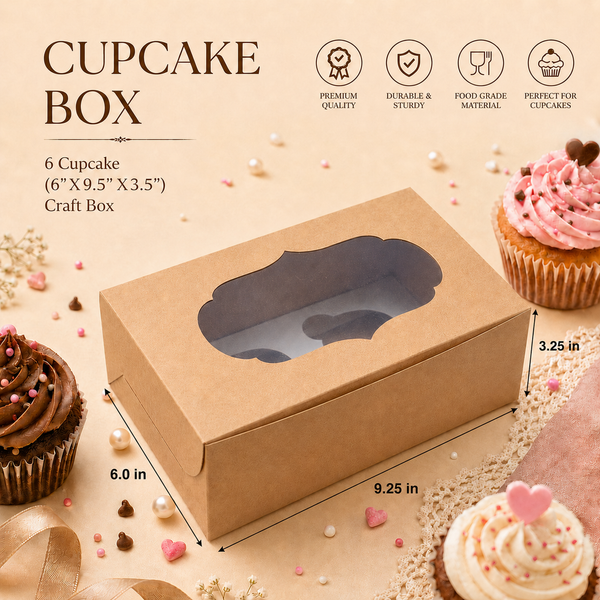 Cupcake Box – 6 Cupcake – Brown Kraft – 6 x 9.5 x 3.5 inch