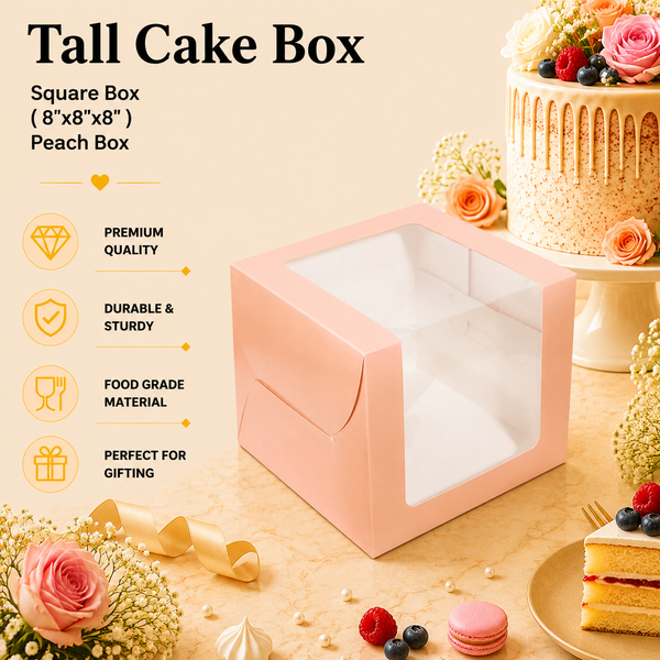Tall Cake Box – Square – Peach – 8 x 8 x 8 inch