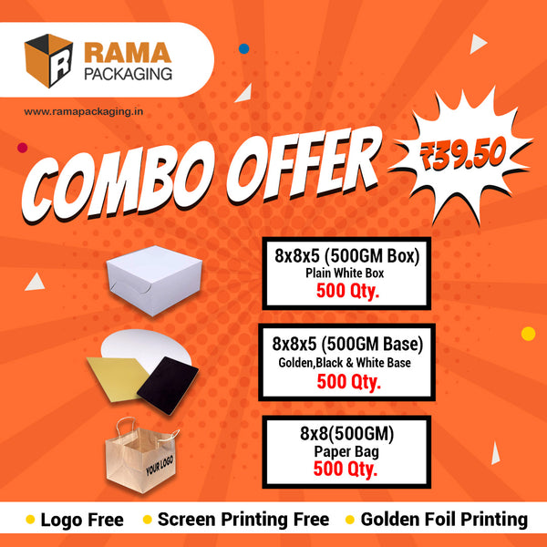 Plain Cake Box 500 GM (500 Qty)( 8"x8"x"5") | Golden ,Black, White 500 gm (500 Qty) ( 8"x8"x5") |Paper Bag 8"x8" 500 GM (500 Qty)