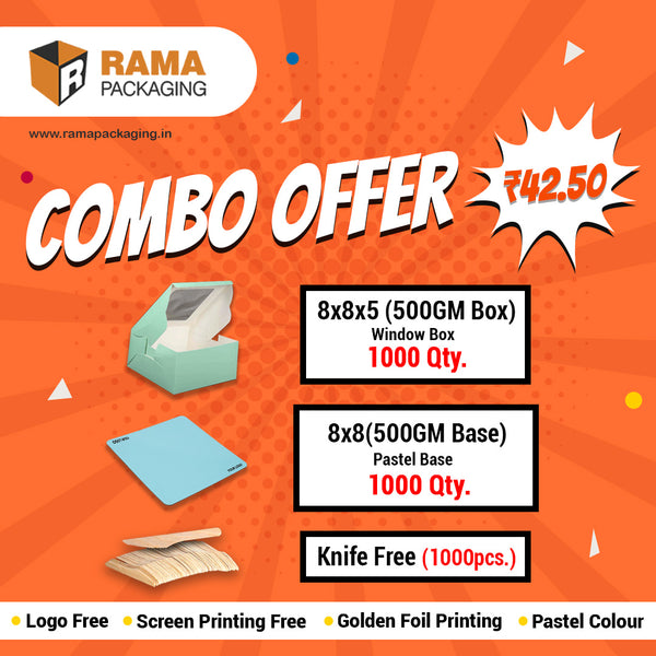 Window Cake Box 500 gm (1000 Qty)( 8"x8"x"5") | Pastel Base 500 gm (1000 Qty) ( 8"x8" ) | Knife Free (1000 Qty)